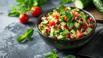 Tabbouleh Salad With Tomato, Cucumber, Couscous, Mint, And Pomegranate, Vegan And Healthy
