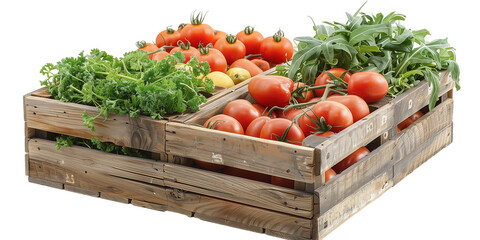 wooden box with vegetables isolated on transparent or white background