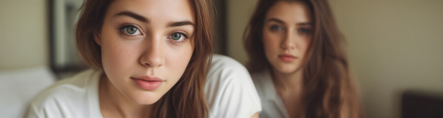 Fototapeta premium Two beautiful cute dark red-haired girls in white t-shirts are sitting on the bed in the bedroom and looking at the camera. One girl in the background is blurred