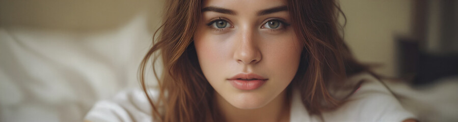 Beautiful cute dark red-haired girl in a white t-shirt or tank top is sitting on the bed in the bedroom and looking at the camera