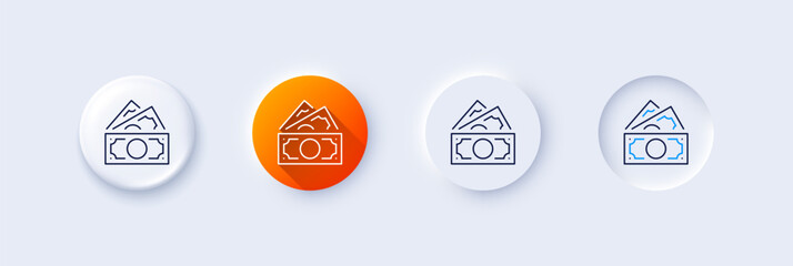 Money line icon. Neumorphic, Orange gradient, 3d pin buttons. Cash banknotes sign. Savings profit symbol. Line icons. Neumorphic buttons with outline signs. Vector