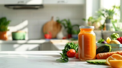 Organic baby food jar mock up in a bright kitchen with fresh vegetables and fruit, the clean background providing an area for text with a luminous touch