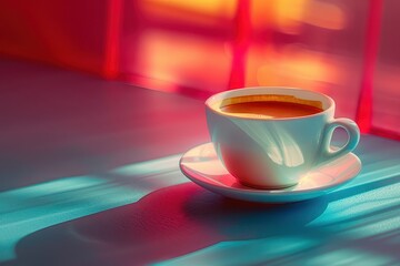 Cup of coffee on the table in the cafe. Colorful background.