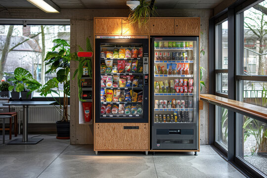 A vending machine with a green plant in front of it