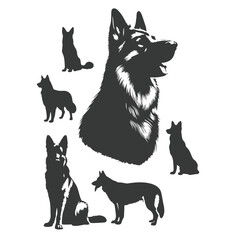 German Shepherd dog silhouette vector set - Vector drawing of a set of German shepherd dog breed silhouette
