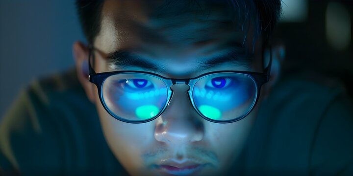 A young man in glasses codes late at night in dim room. Concept Computer Programming, Late Night Coding, Dim Lighting, Young Man, Eyeglasses