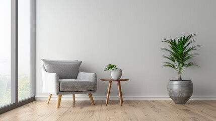 Fototapeta premium Minimalist interiors composition with a side table close to a window providing natural lighting to the room and minimal furniture arrangements. Luxury residential Real Estate interiors design.