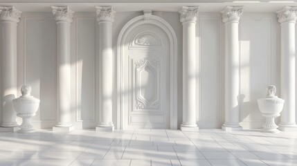 Obraz premium Interior of a room or a hall with white stone ancient roman column arch entrance door and decorative vase. Realistic 3D illustrations of ancient greek marble temple buildings with baroque sculptures