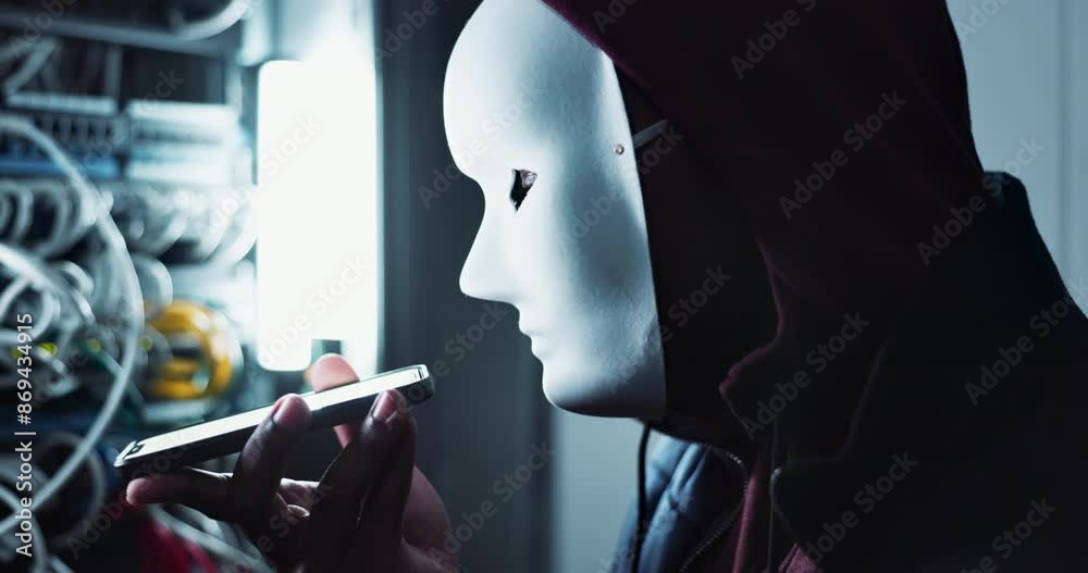 Aufkleber Cyber, attack and hacker in mask with smartphone in dark control room with ransomware for firewall. Phishing, crime and anonymous thief as danger to database, privacy and stealing data with malware