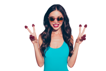 Close-up portrait of nice cute cheerful cheery lovely sweet attractive wavy-haired lady eyeglasses eyewear red lips holding showing berries hats on nails double v-sign isolated over pink background