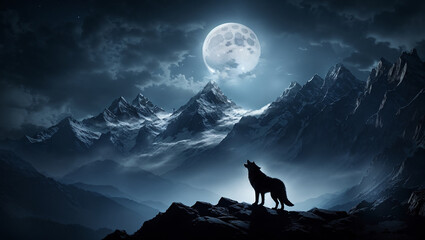 The image shows a silhouette of a wolf howling at a full moon in a field of tall grass.