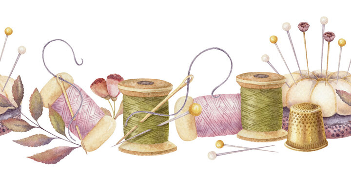 Sewing kit seamless border watercolor painting with spool of thread and pincushion with pins. Hand drawn isolated dressmaker tool illustration. Green and pink arrangement of tailor&rsquo;s supplies design.