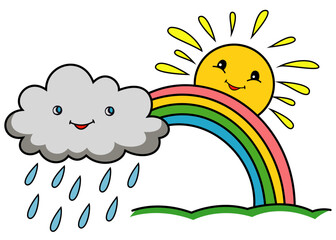 vector illustration Sun with rainbow and clouds, colourful rainbow, colourful Sun, colourful cloud and rain, sun and rainy clouds isolated on white background, Vector illustration