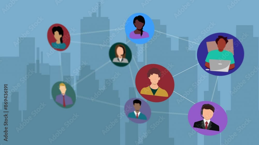 Poster Communication, connectivity and icon for networking with profile thumbnail in city for networking. Cloud computing, data and future with graphic of user people on virtual urban town for global system