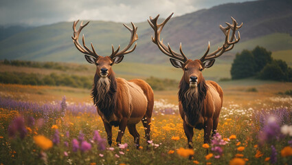 Obraz premium A large, brown deer with antlers stands in a field of wildflowers, looking directly at the camera. Mountains are in the background