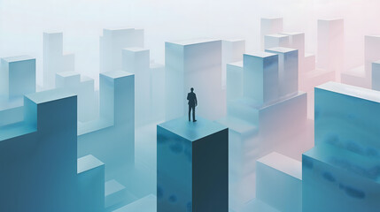 Fototapeta premium Silueta humana sobre bloque azul, soledad, reto, futuro