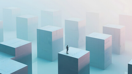 Obraz premium Silueta humana sobre bloque azul, soledad, reto, futuro
