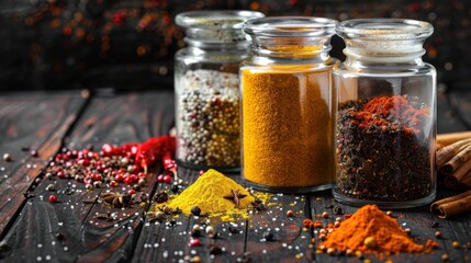 Elegant spice jar mock up with spices artistically arranged on a dark wooden table, the hyper...