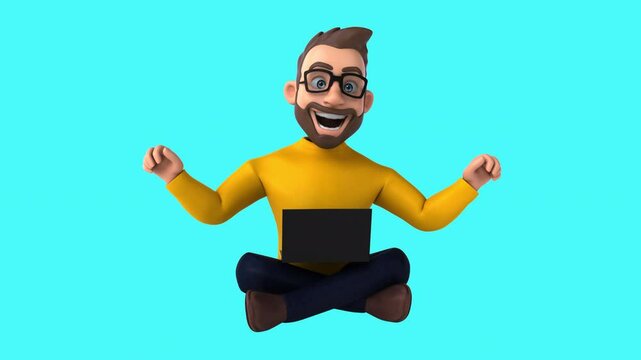 Fun 3D cartoon casual character with a laptop (with alpha channel)