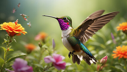 A hummingbird with green, white, and pink feathers is hovering near a bright pink flower. There are other flowers in the background.