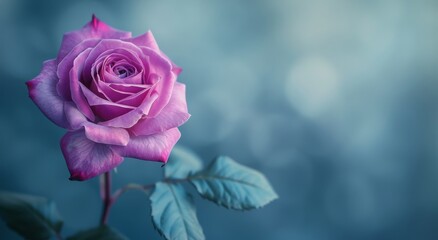 Single Pink Rose Blossom With Green Leaves Against a Blue Background