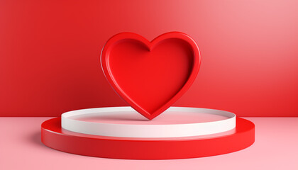 Red product display podium on red background heart