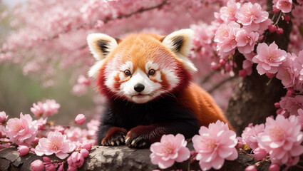 A red panda is sitting in a cherry blossom tree. The panda is looking at the camera