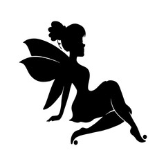 Silhouette of a fairy on a white background. Cute Fairy art. Beautiful Fairies silhouette illustration, Little fairies silhouette. Hand drawn vector illustration