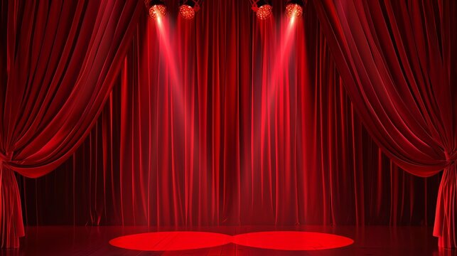 Announcement banner template with close red drapery curtains on stage. Stage is illuminated by spotlights.