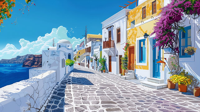 Fototapeta Scenic Walking Path in Santorini with Iconic White Houses