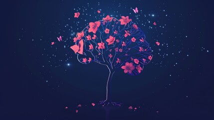 An image of a human brain tree with flowers. The idea of self-care and mental health. Stock photo.