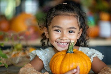 Create a realistic, close-up image of a child smiling while holding a freshly picked pumpkin in an autumn-themed classroom The child s joy should be evident