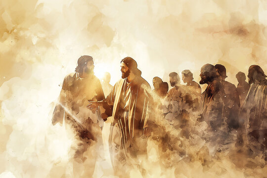 Jesus and twelve apostles, watercolor illustration
