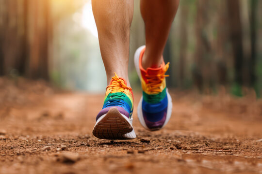 Rainbow Sneakers A Runner's Pride at a LGBTQ+ Walk/Run Event, Celebrating Diversity and Inclusion Through Exercise - Powered by Adobe