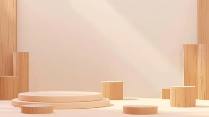 An empty circle and square platform with a brown wood plank and white base shown on a transparent background. This is a modern realistic illustration of wooden podiums and platforms.
