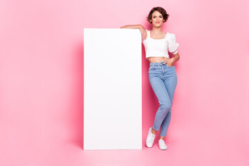 Full length photo of cute pretty lady wear white blouse modern gadget empty space isolated pink color background