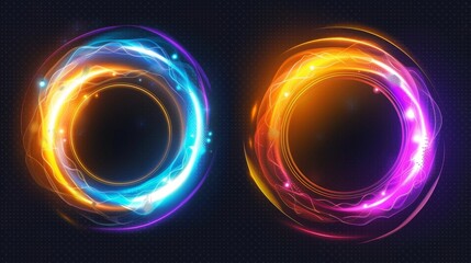 Stunning moon eclipse light flare horizon space background with abstract sunrise ring. Gold, blue, purple crescent orbit edge glow with magic cloud smoke.