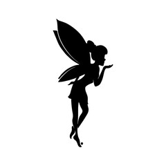 Silhouette of a fairy on a white background. Cute Fairy art. Beautiful Fairies silhouette illustration, Little fairies silhouette. Hand drawn vector illustration