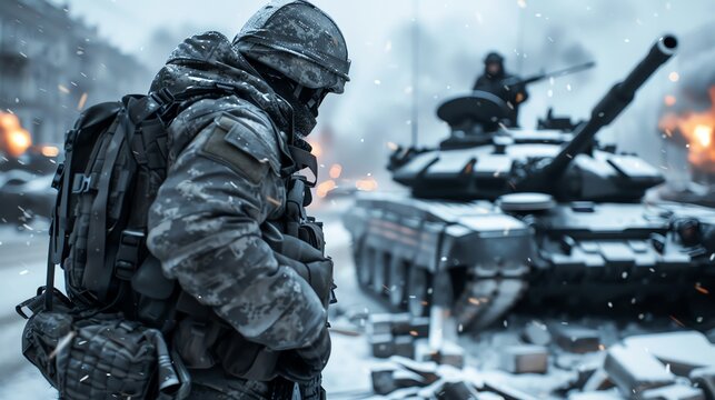 A soldier stands next to a destroyed tank, with soldiers in full gear on top of it, in a battlefield environment with ruins and smoke, during winter time