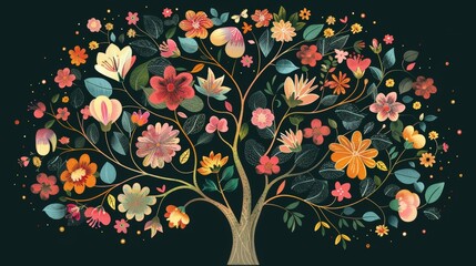 A human brain tree with flowers represents self-care and mental health. Creative mind. Stock image.