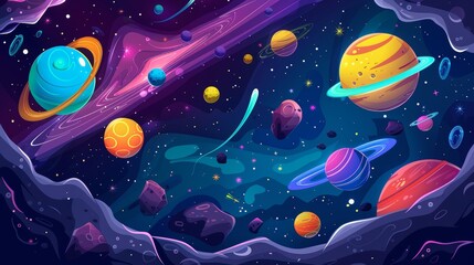 Objects such as planets, asteroids, neon stars, and nebulas fly in space behind a dark blue sky background. Concept for game user interfaces, alien cosmic objects, and comet stones flying through