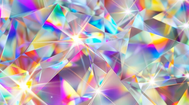 Rainbow prism light with flare effect background. Crystal glass overlay texture with diamond iridescent gradient. Holographic disco camera transparent pattern.
