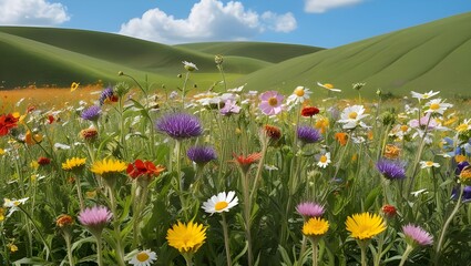 Obraz premium A vibrant field of wildflowers in full bloom, with a backdrop of rolling green hills under a bright blue sky. 