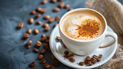 Cup of Cappuccino with Coffee Beans on Dark Background