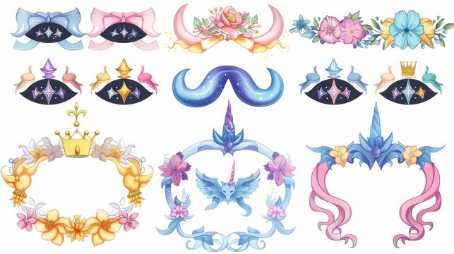 With ear caps, tails, wings and devil and unicorn horns on fantasy borders, witch hats, royal crowns, flowers and moons, a modern cartoon set with adorable animal ears and tails