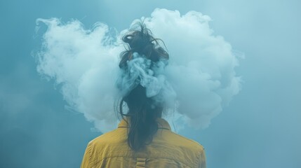 An image of a young woman lost in a misty cloud, showing depression, addiction, and mental illness