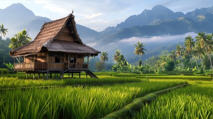A traditional wooden house surrounded by rice fields in the background of tropical mountains