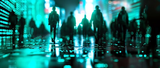 Abstract digital background with a crowd of people in dark silhouettes walking on a glowing futuristic city street in the style of cyberpunk concept.