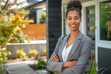 Confident real estate agent, mixed raced beautiful woman stands proudly outside a modern home. 
