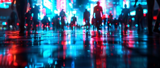 Abstract digital background with a crowd of people in dark silhouettes walking on a glowing futuristic city street in the style of cyberpunk concept.